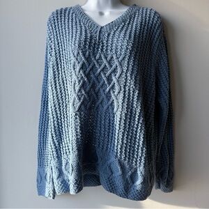 LIZ CLAIBORNE LIZSPORT Blue Open Knit Linen Cotton Cable V Neck Sweater M